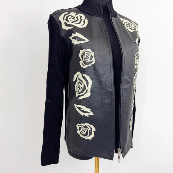 RARE VINTAGE KATHERINE BARCLAY LEATHER ZIP UP WITH ROSE LEATHER MOTIF JACKET - Picture 12 of 15